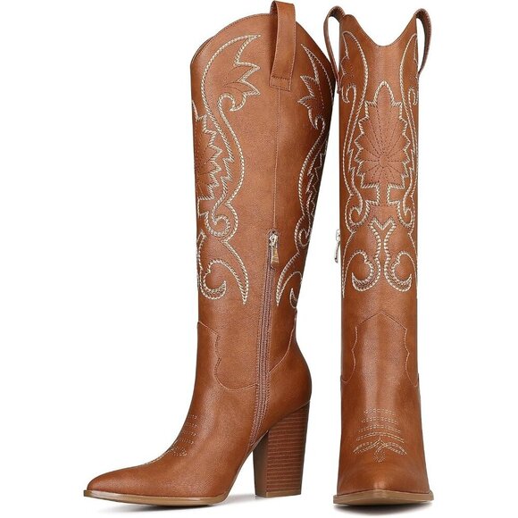 🆕Women Brown Knee High Pointed Toe Chunky High Heels Pull-on Embroidered Boots - Picture 6 of 7